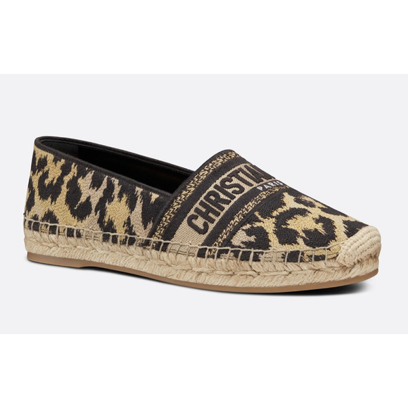 Dior Granville Brown Gold Beige Leopard Logo Embroidered Espadrille Flat 37.5 - Picture 1 of 12